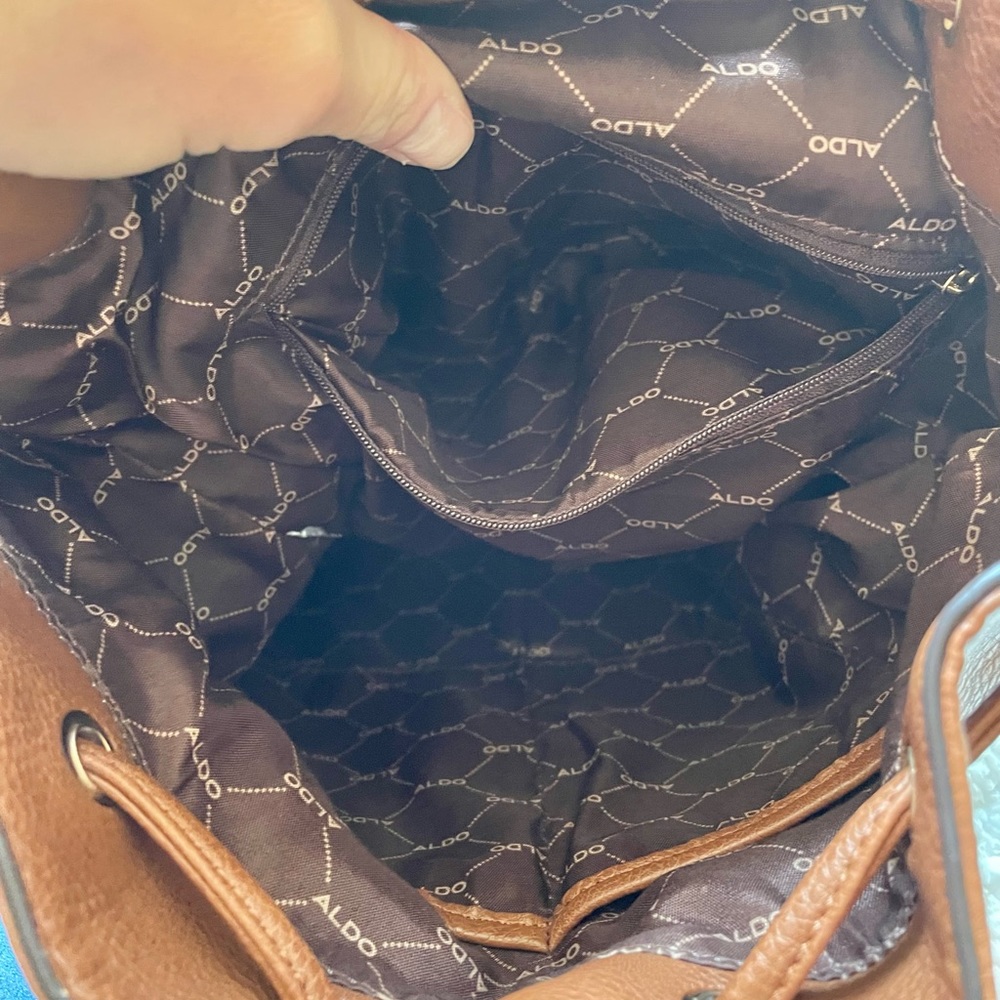 ALDO Drawstring Brown Backpack Adjustable Straps Snap Flap Closure - Picture 5 of 16